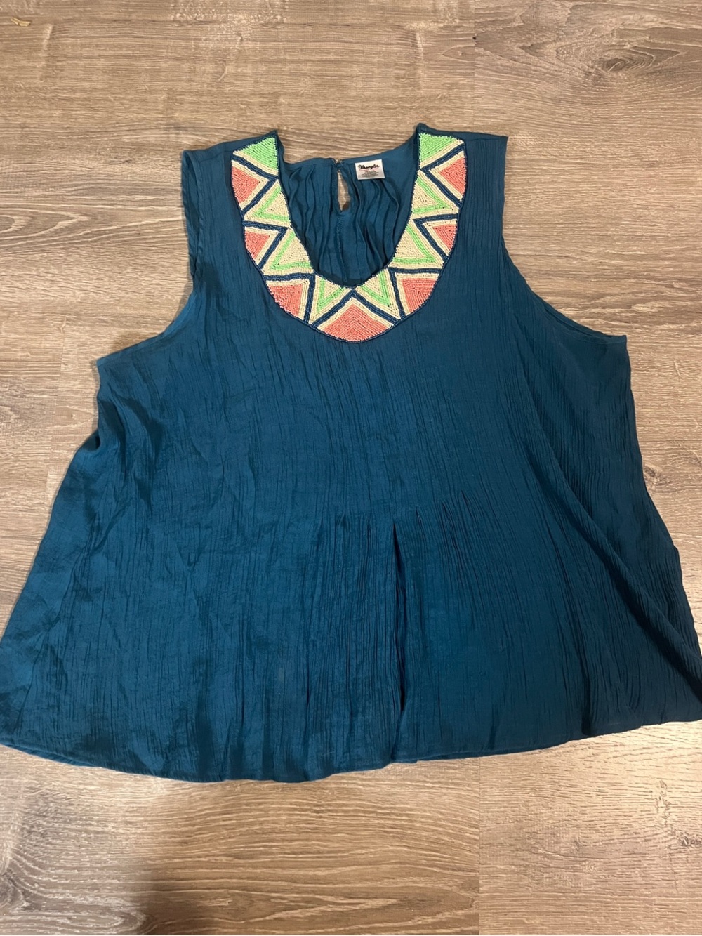 Wrangler Teal Sleeveless Tank with Embroidered Geometric Neckline